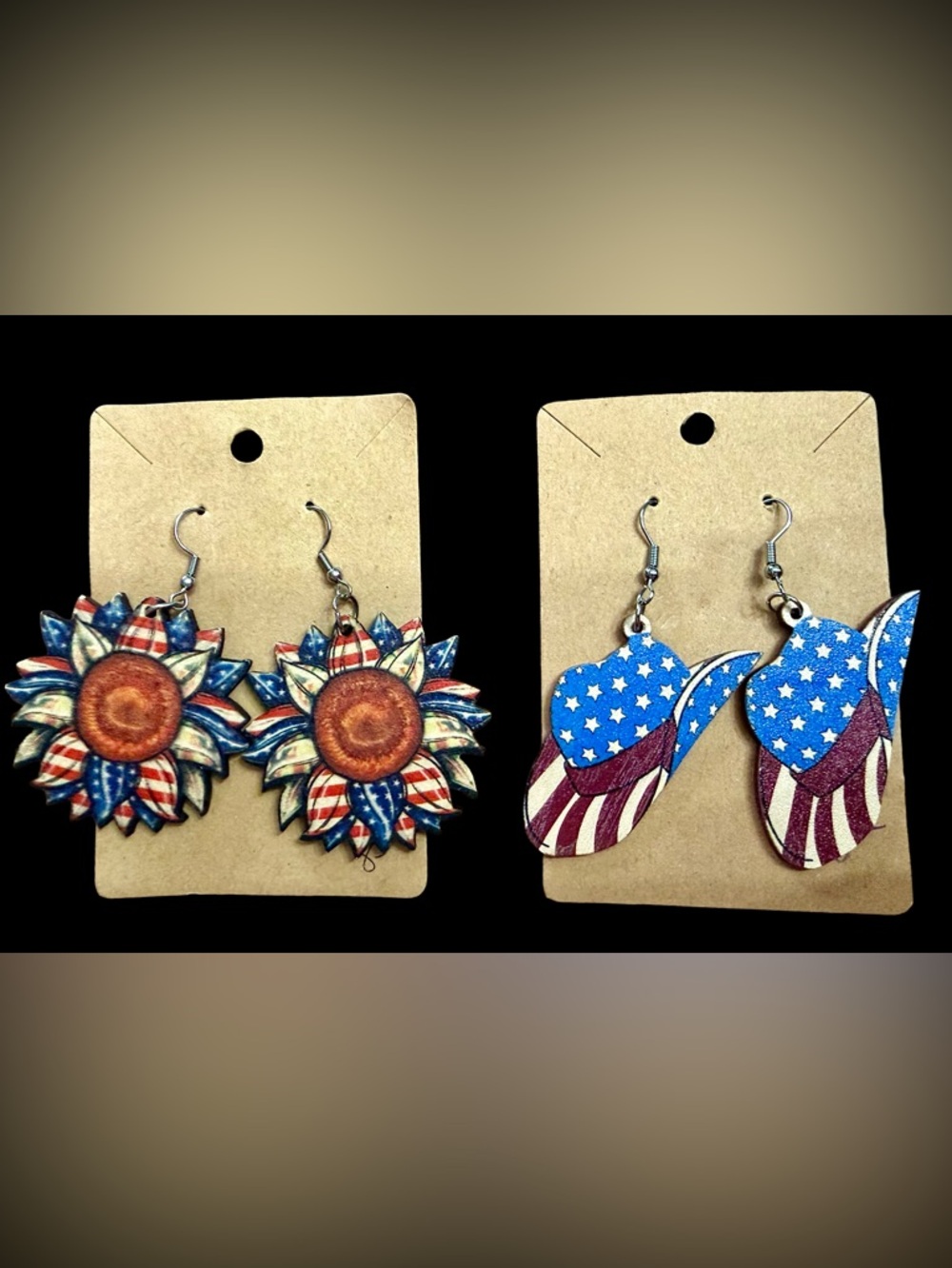 Patriotic Sunflower and Cowboy Hat Earrings Set - Red White Blue